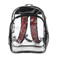 Clear backpack with red patterned straps on a white background