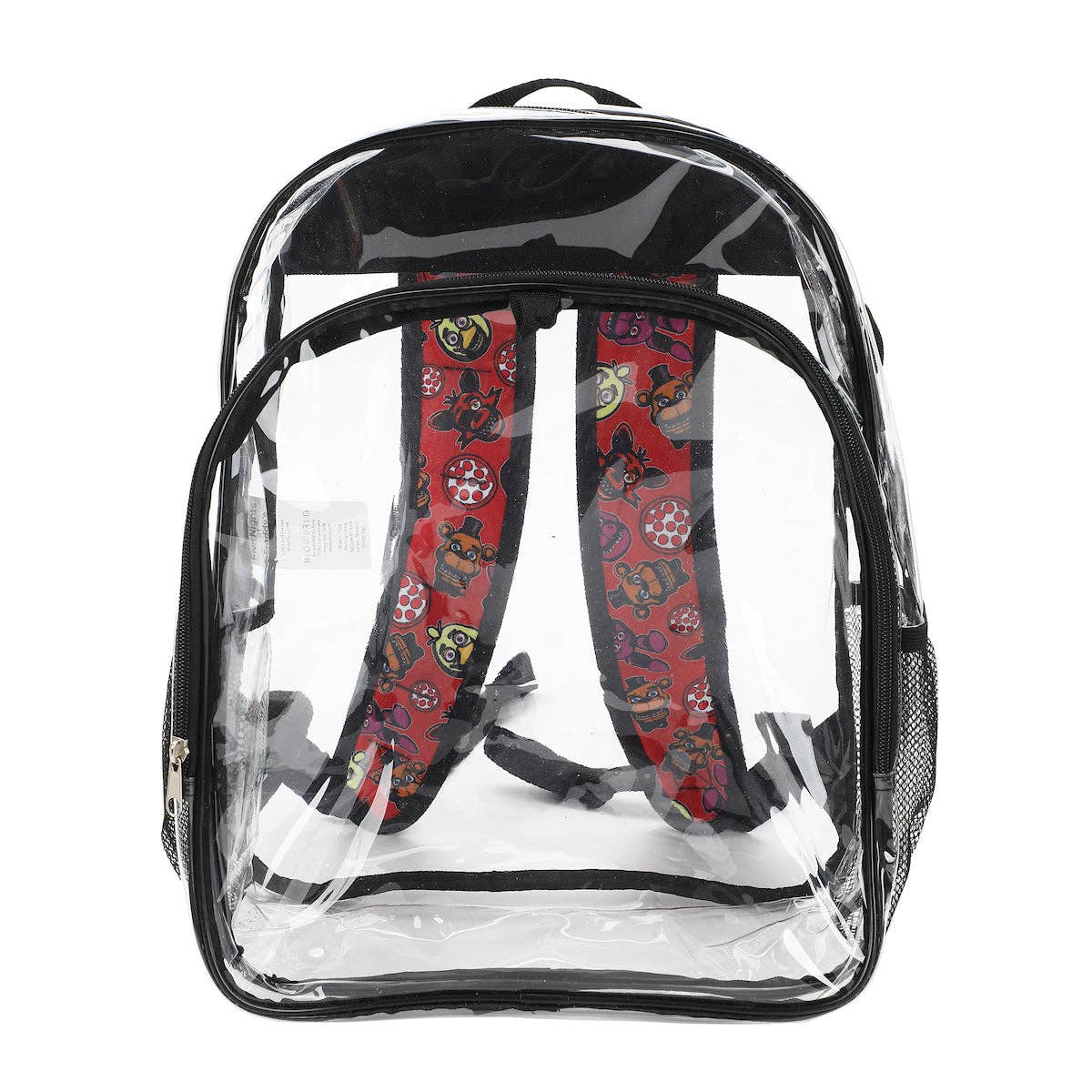 Clear backpack with red patterned straps on a white background