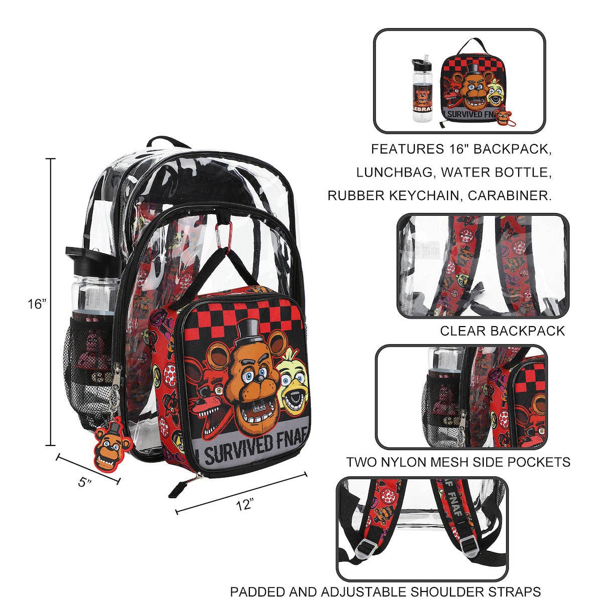 Backpack set with clear backpack, lunch bag, water bottle, and accessories on a white background.