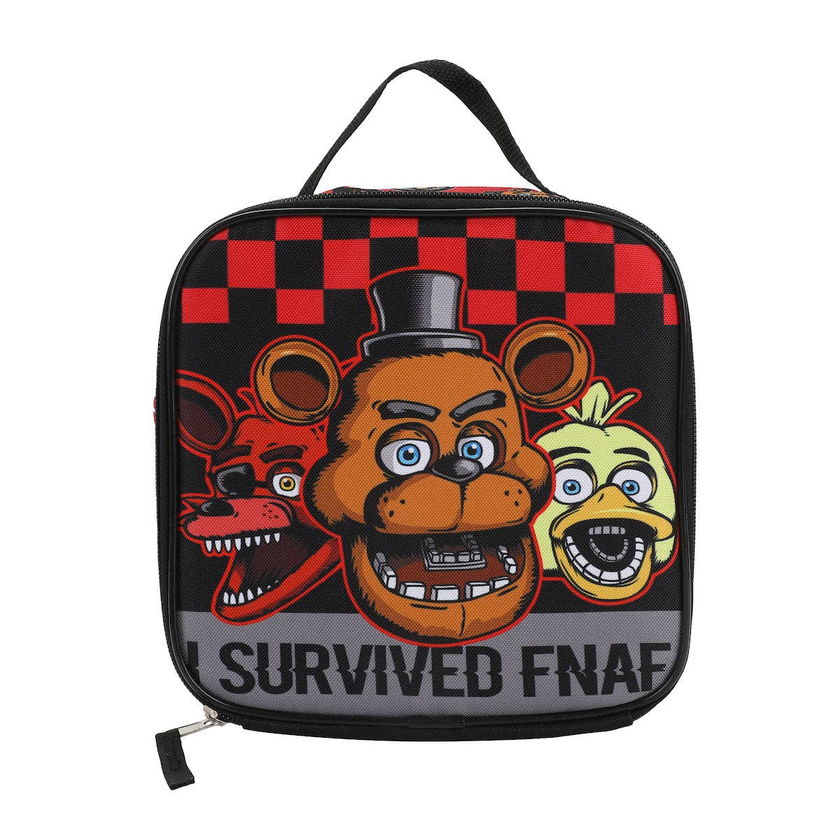 Lunch bag with cartoon characters and 'I Survived FNAF' text on a checkered background