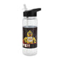 Clear water bottle with a black lid and straw, featuring a cartoon character on a label.