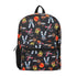 Backpack with colorful cartoon character pattern on a black background