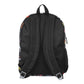 Black backpack with colorful designs on a white background
