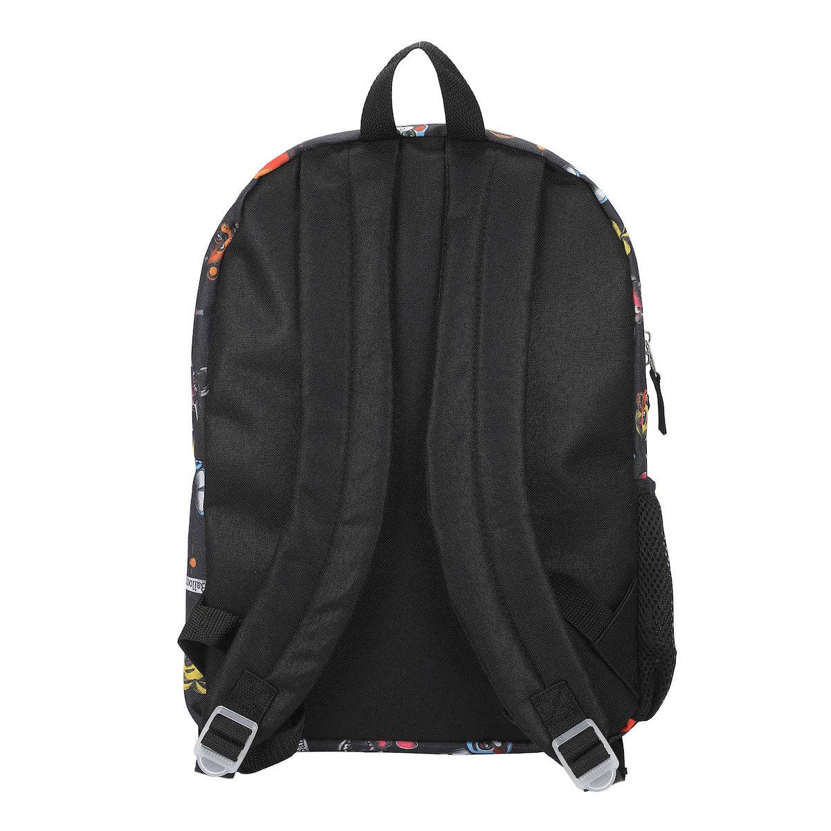 Black backpack with colorful designs on a white background