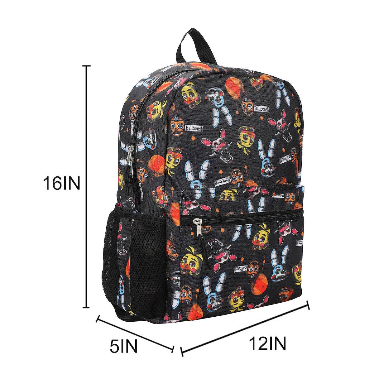 Backpack with colorful cartoon character pattern and measurements on a white background