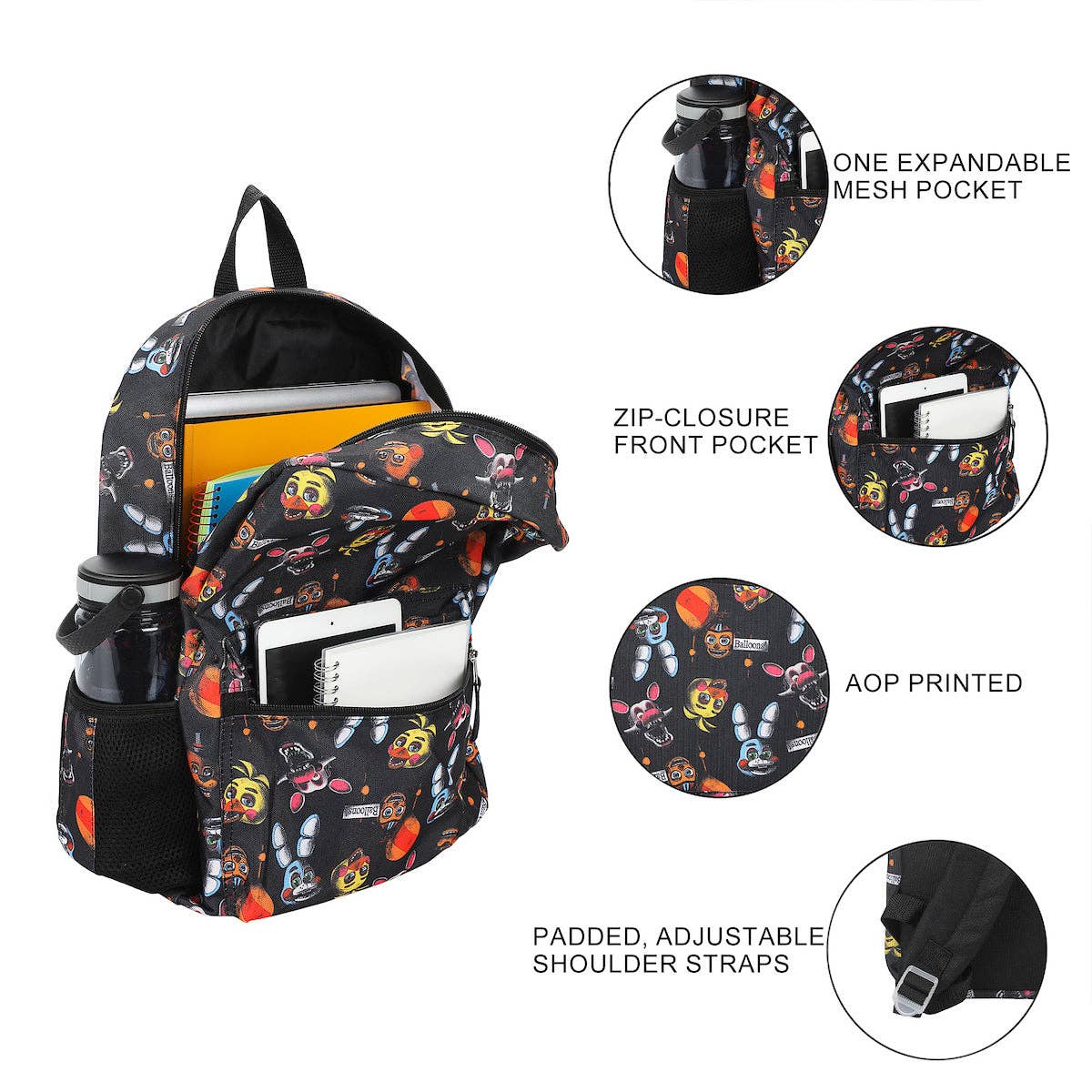 Backpack with colorful design and features highlighted on a white background