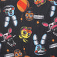 Patterned fabric with cartoon character faces and 'Balloons' labels on a black background