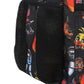 Backpack with cartoon character pattern on a black mesh pocket
