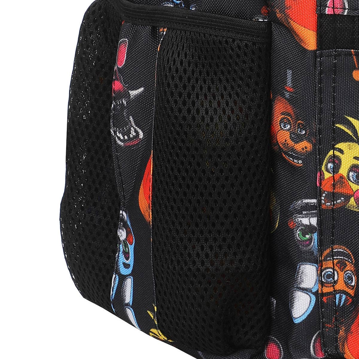Backpack with cartoon character pattern on a black mesh pocket