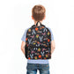 Child wearing a colorful backpack with cartoon characters on a white background