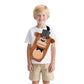 Child wearing a white t-shirt with a cartoon monkey design and beige shorts on a white background
