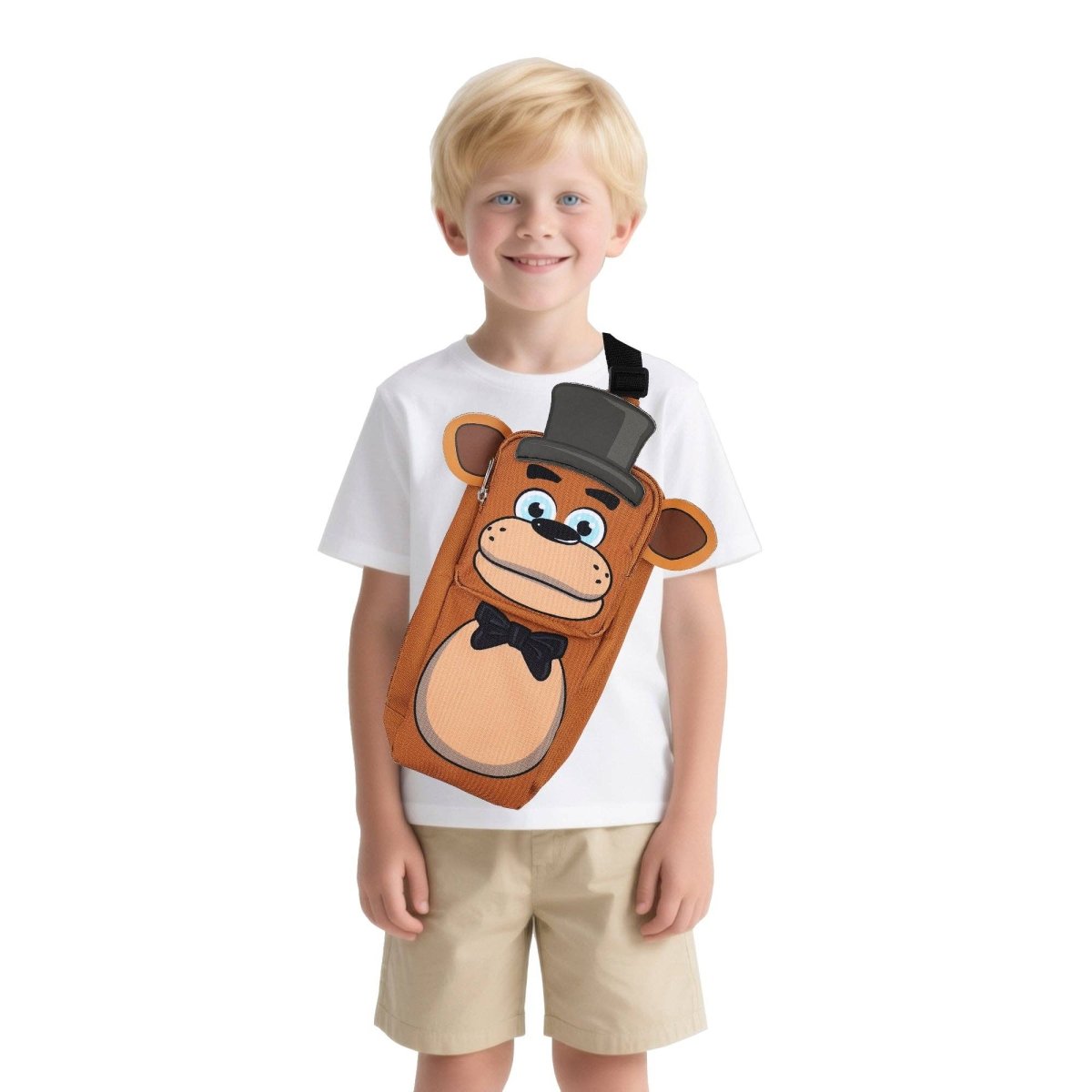 Child wearing a white t-shirt with a cartoon monkey design and beige shorts on a white background