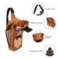 Brown sling bag with character design, features highlighted, on a white background