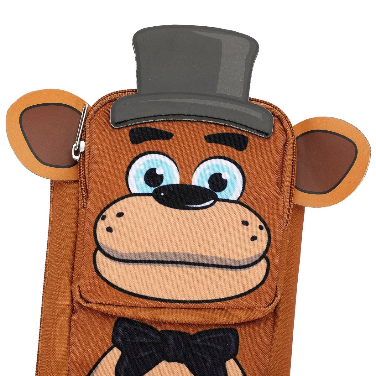 Bag designed like a bear with a top hat and bow tie on a white background
