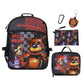 Backpack, pencil case, lunch bag, and keychain with 'Five Nights at Freddy's' design on a white background.