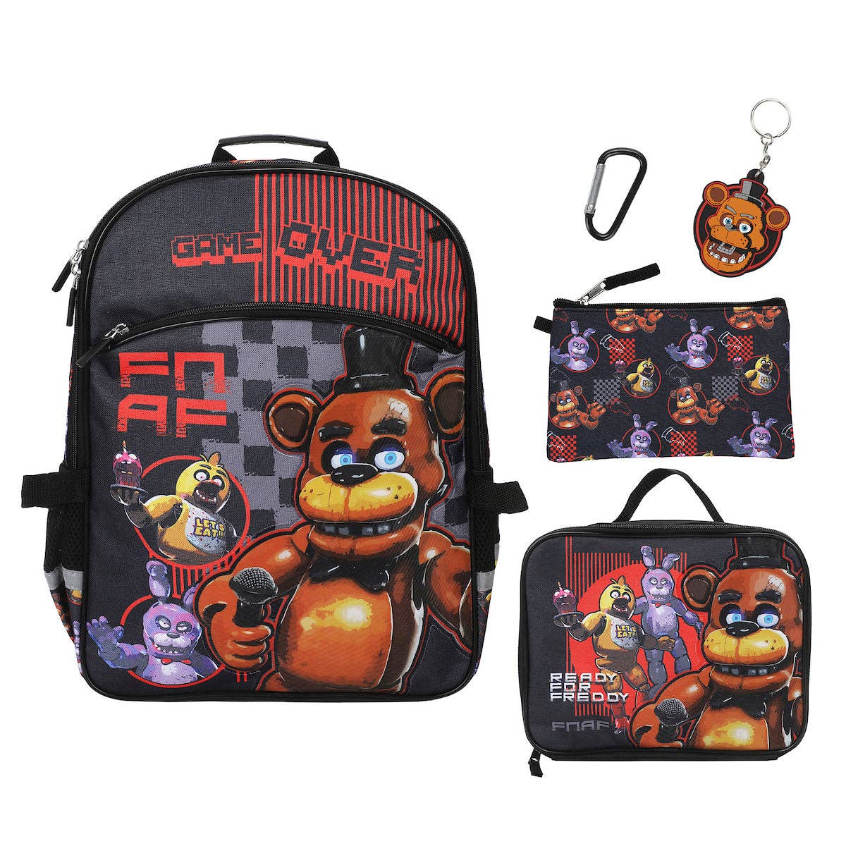 Backpack, pencil case, lunch bag, and keychain with 'Five Nights at Freddy's' design on a white background.