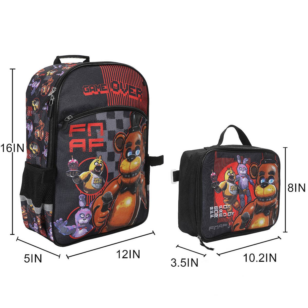 Backpack and lunch bag with 'Five Nights at Freddy's' design, showing dimensions on a white background.