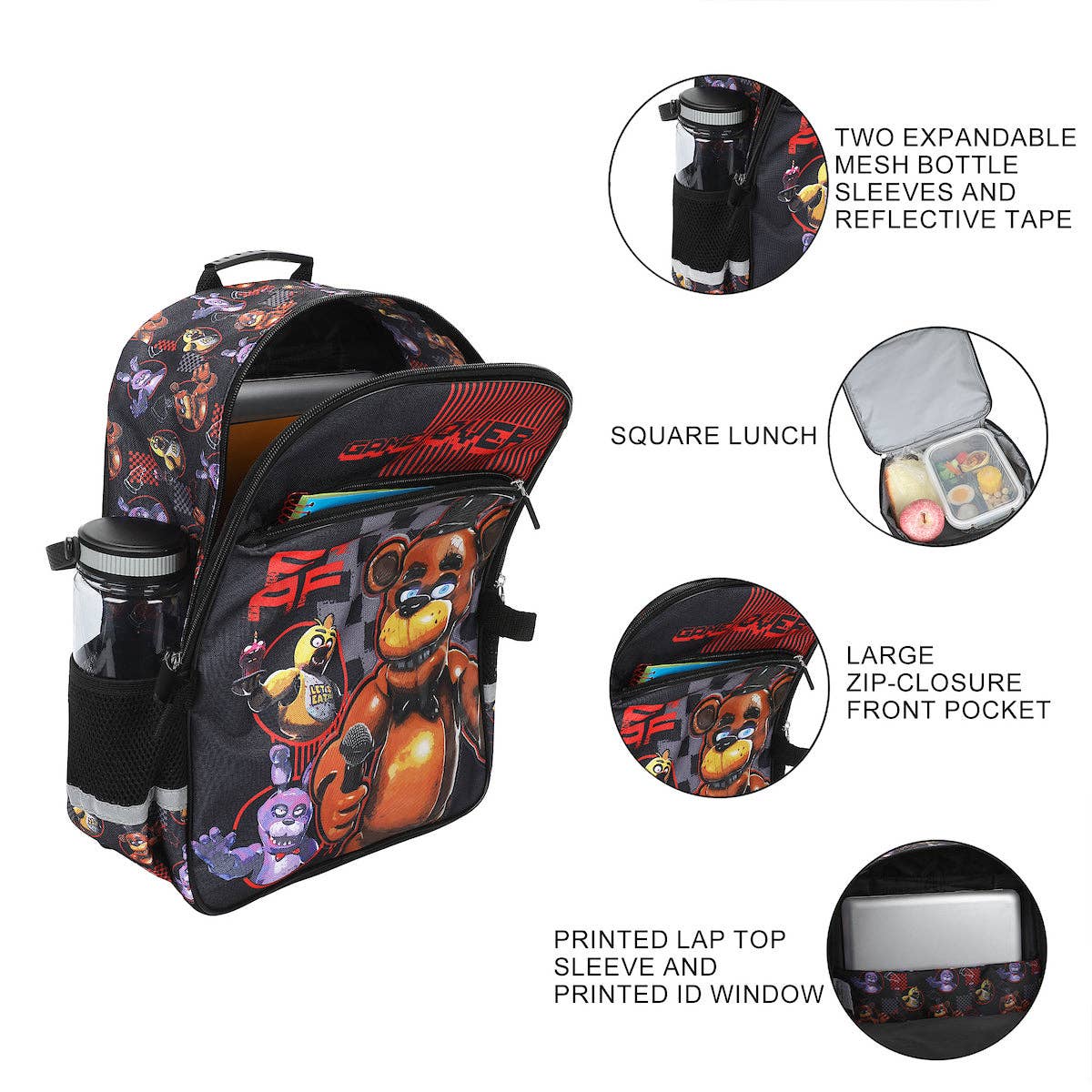 Backpack with cartoon bear design, expandable bottle sleeves, and lunch box compartments on a white background.