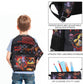 Child wearing a themed backpack with illustrations and text, featuring adjustable straps and a utility case.