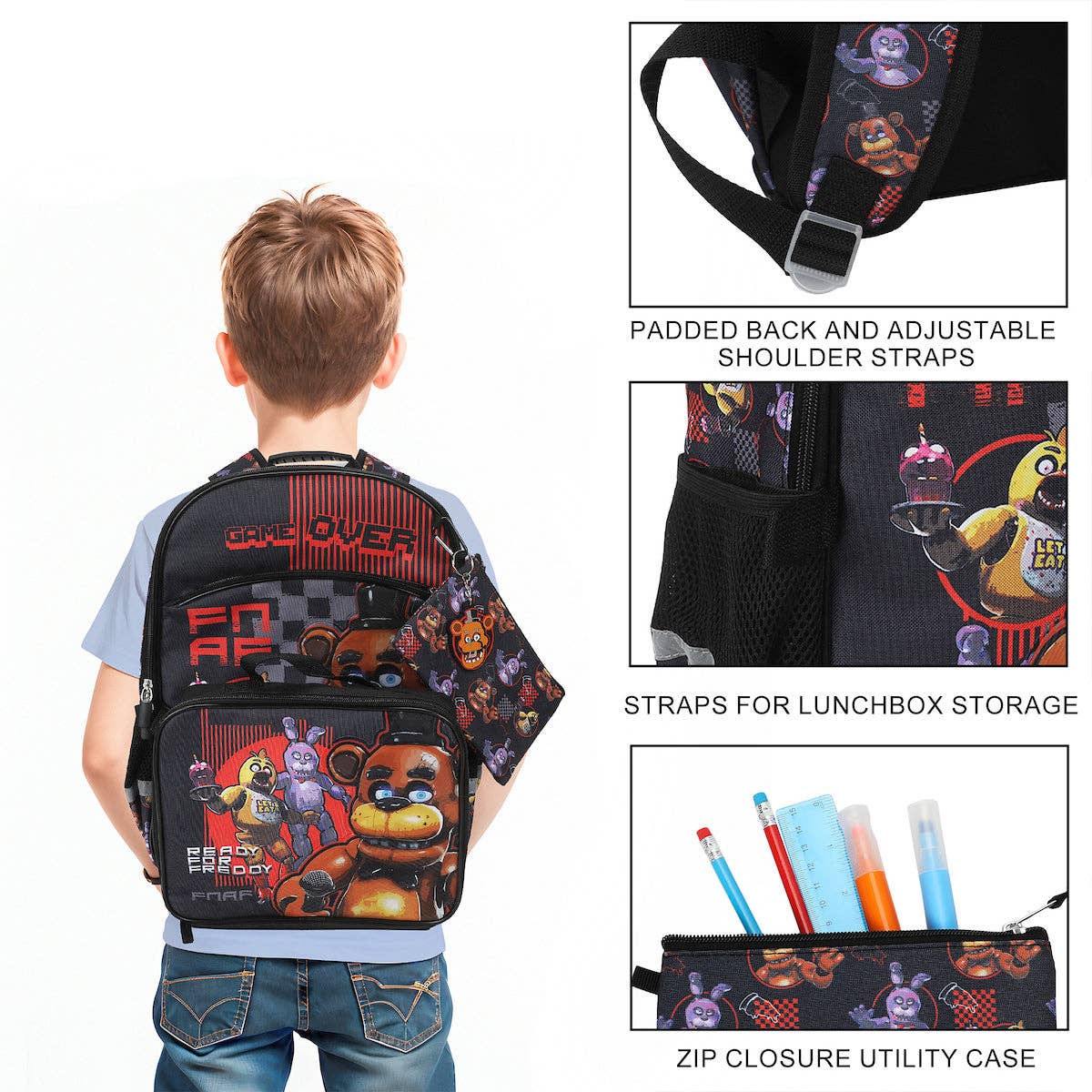 Child wearing a themed backpack with illustrations and text, featuring adjustable straps and a utility case.