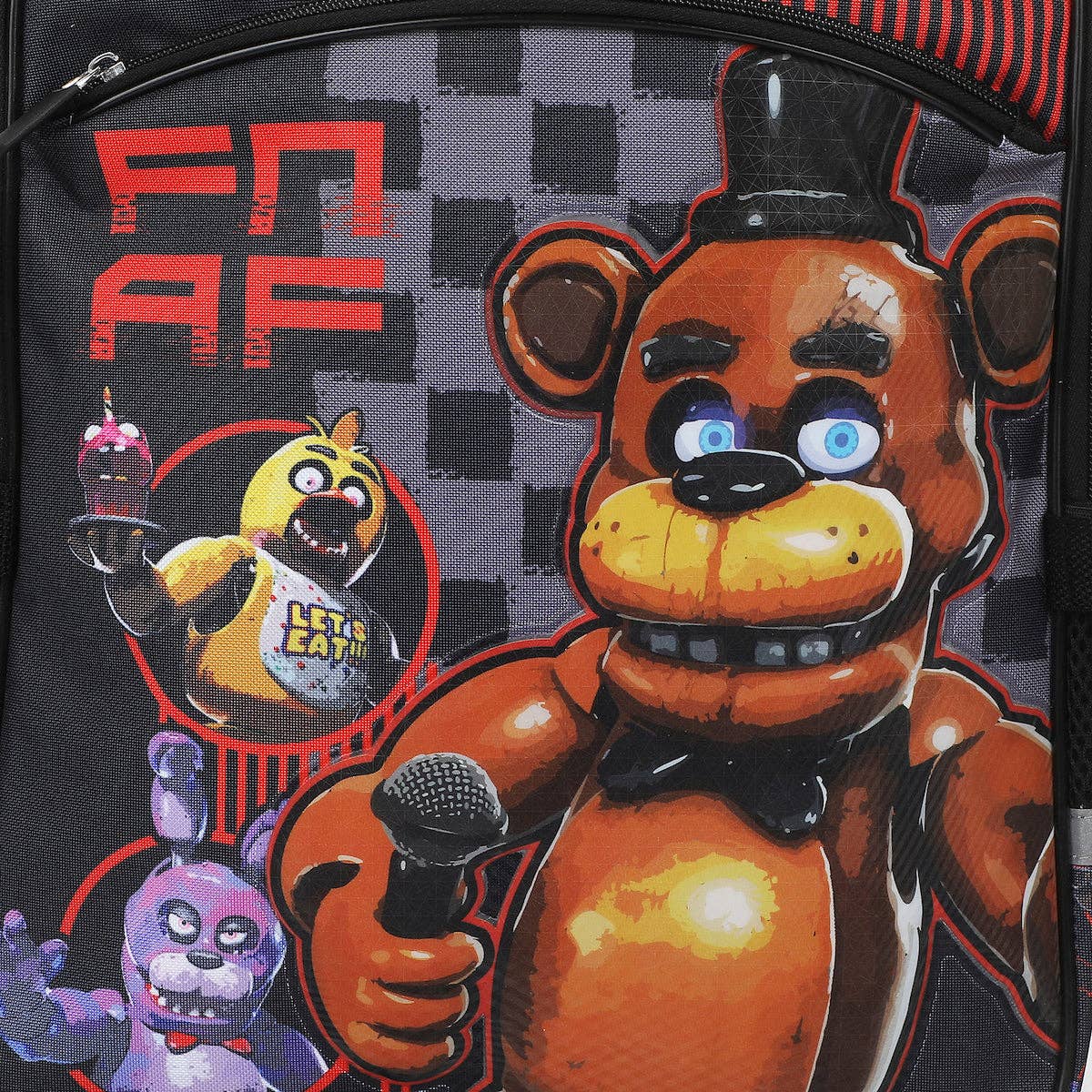 Backpack with cartoon character design featuring 'FNAF' branding