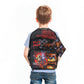Child wearing a Five Nights at Freddy's themed backpack on a white background