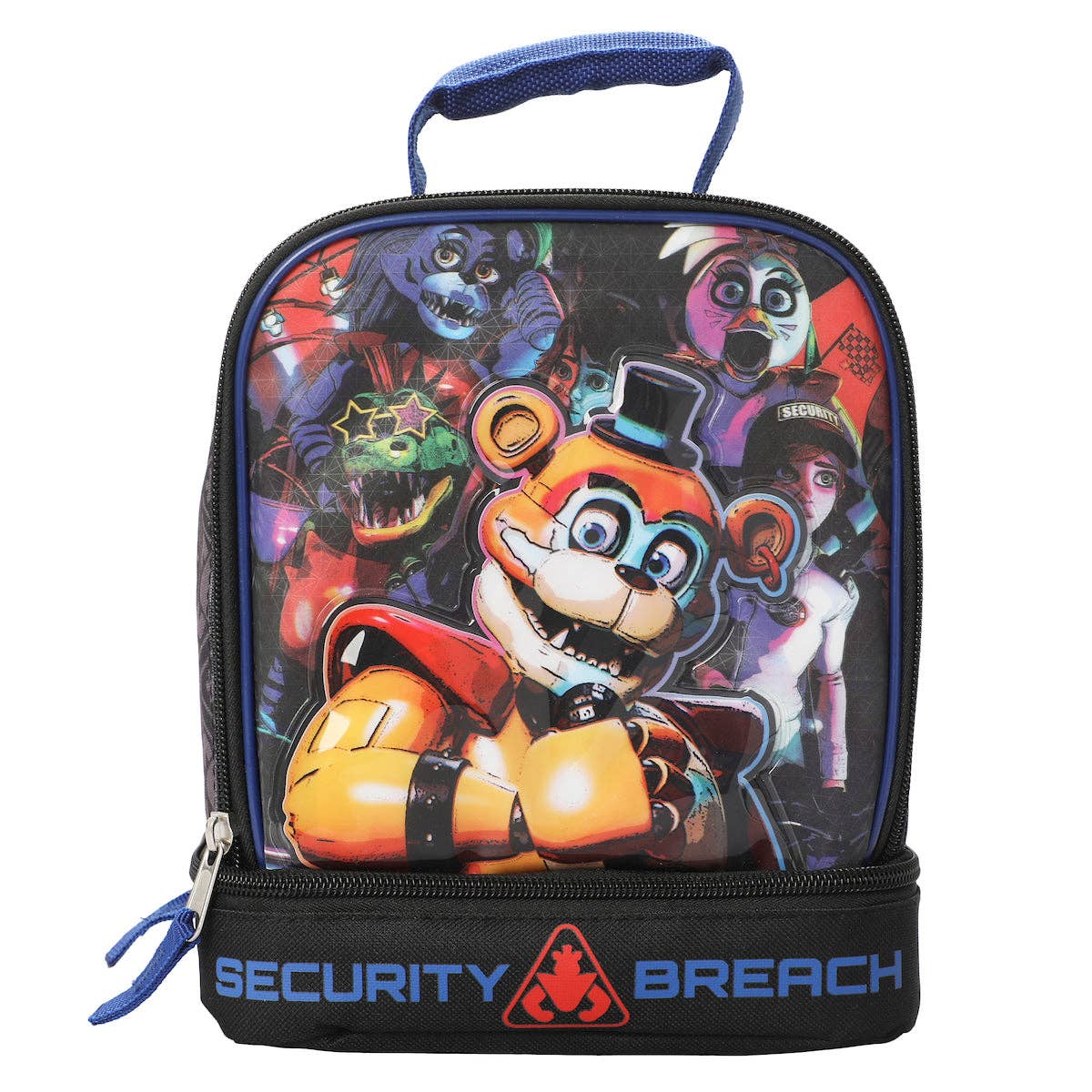 Lunch bag with colorful character design and 'Security Breach' branding on a white background