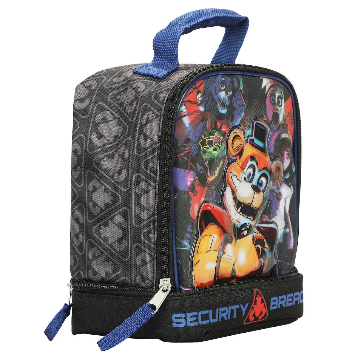 Double-decker lunch bag with cartoon character design on a white background