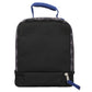 Black insulated lunch bag with blue handle on a white background