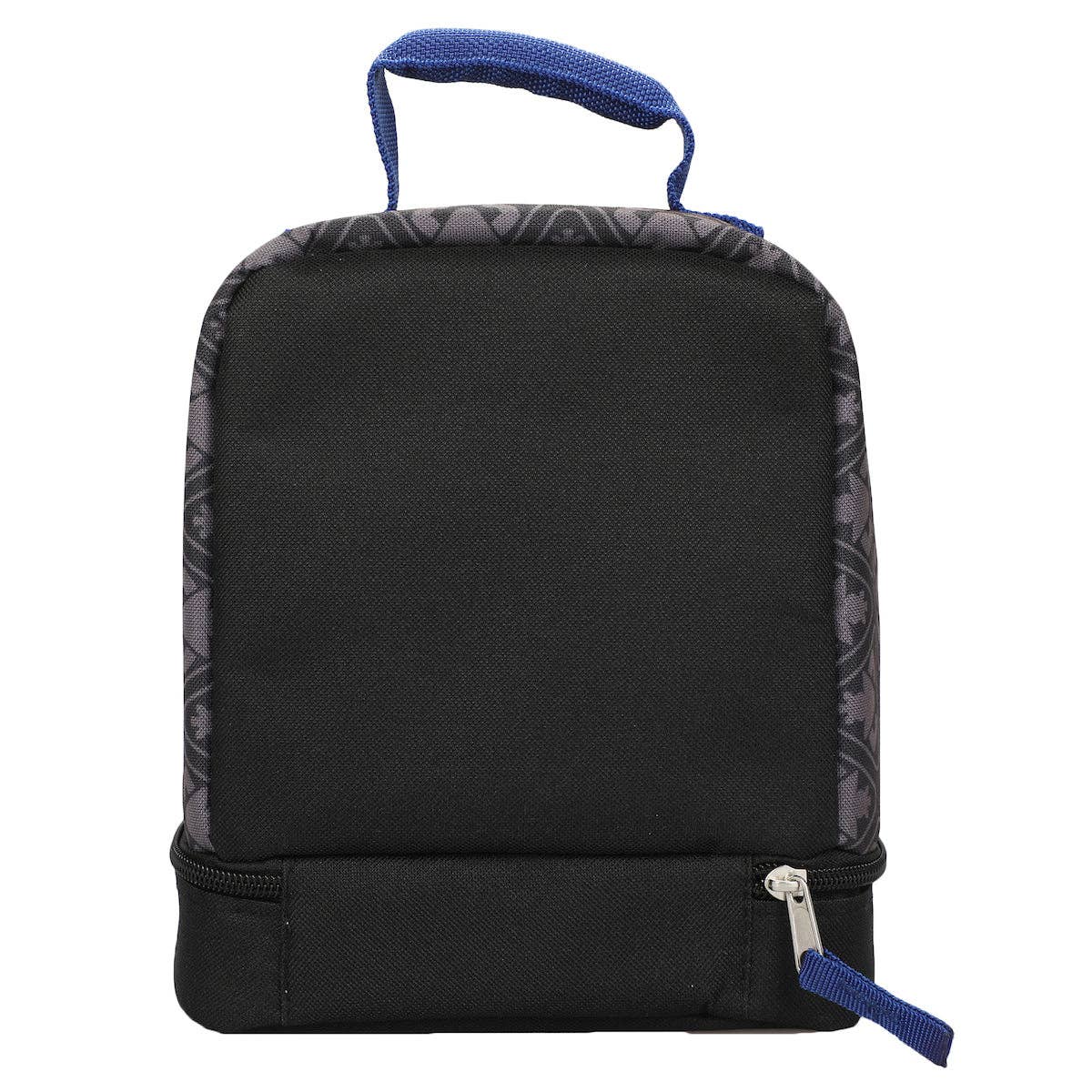 Black insulated lunch bag with blue handle on a white background