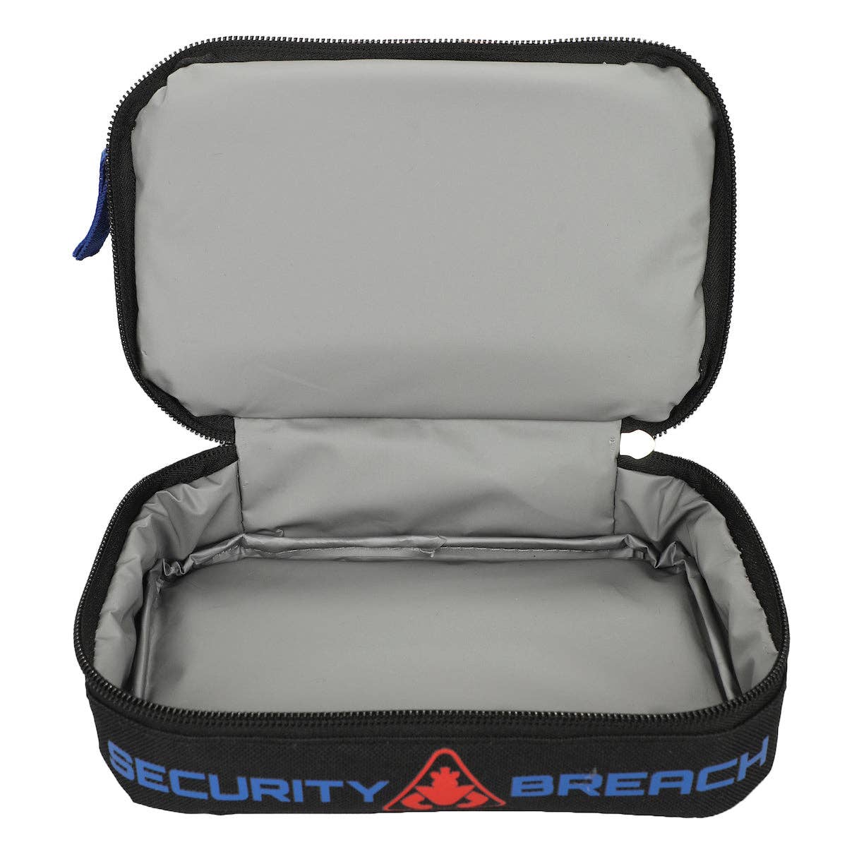 Gray pouch with black zipper and 'Security Breach' branding on a white background