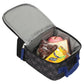 Open black insulated lunch bag with food items on a white background