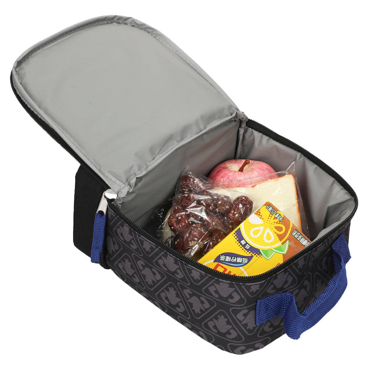 Open black insulated lunch bag with food items on a white background