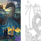 Colorful illustration of dragons with a black and white line drawing on the right, set against a scenic background.