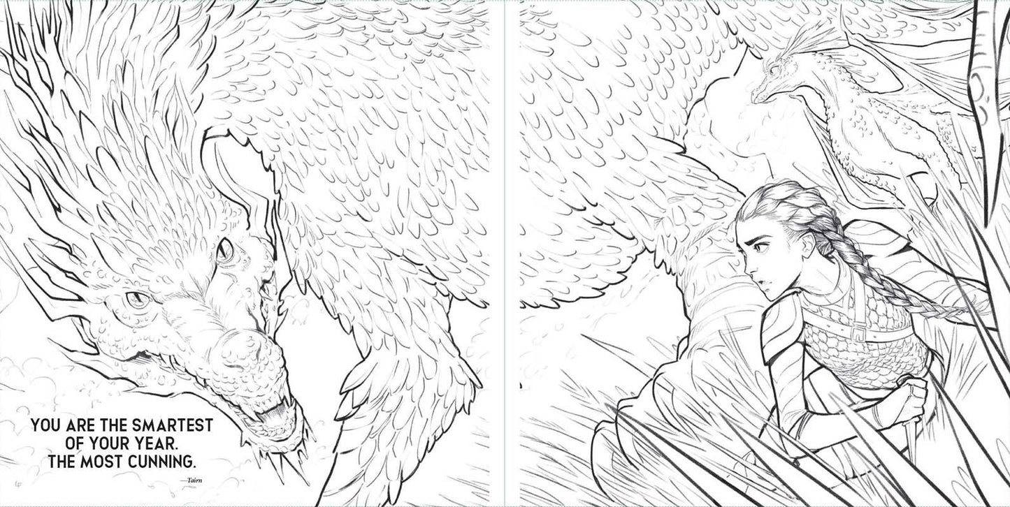 Two black and white illustrations of a dragon and a person with text on a white background