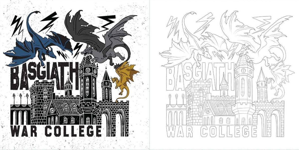 Logo of Basglaith War College with dragons and architectural elements.