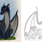 Colorful dragon illustration with a black outline version on a white background.