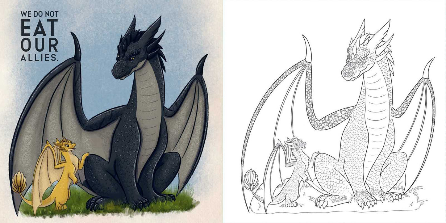 Colorful dragon illustration with a black outline version on a white background.