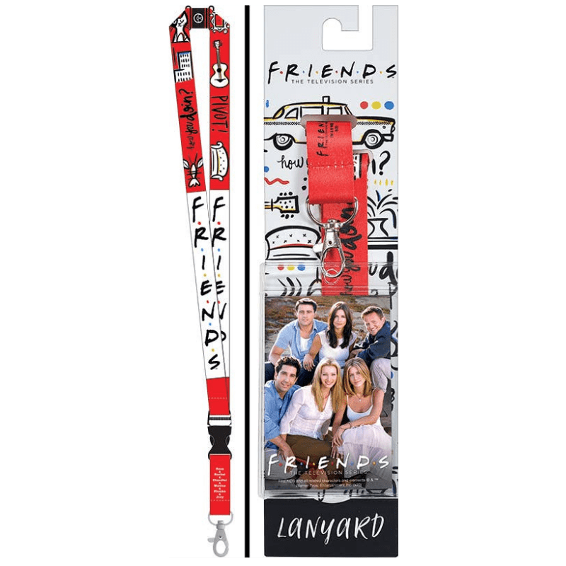 Friends-themed lanyard shown both loose and on its retail backing card. The lanyard is red, white, and black with repeated 'FRIENDS' text and illustrated motifs from the show.