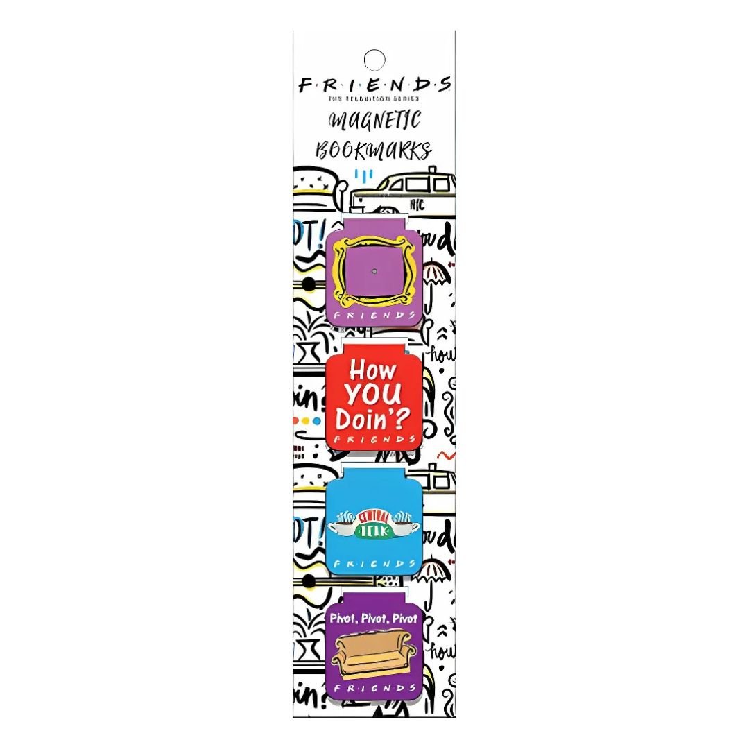 Packaged magnetic bookmarks with 'Friends' theme on a white background