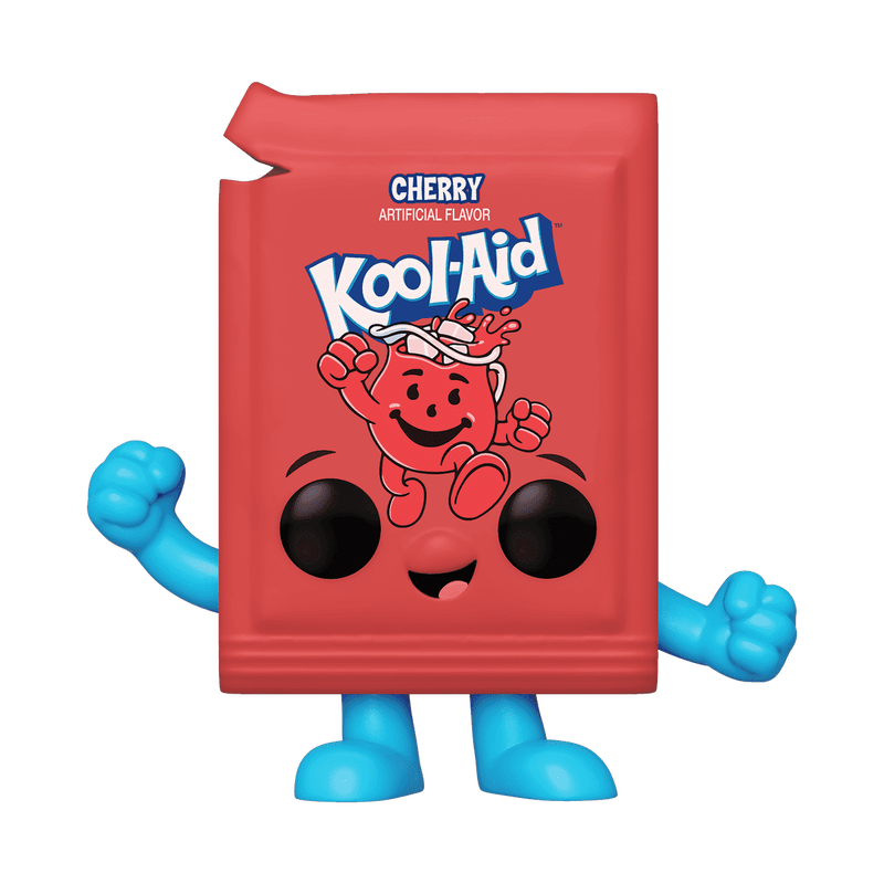 A Funko Pop! vinyl figure of the Kool-Aid Cherry character, styled as a red candy packet with blue arms and legs, on a solid white background.