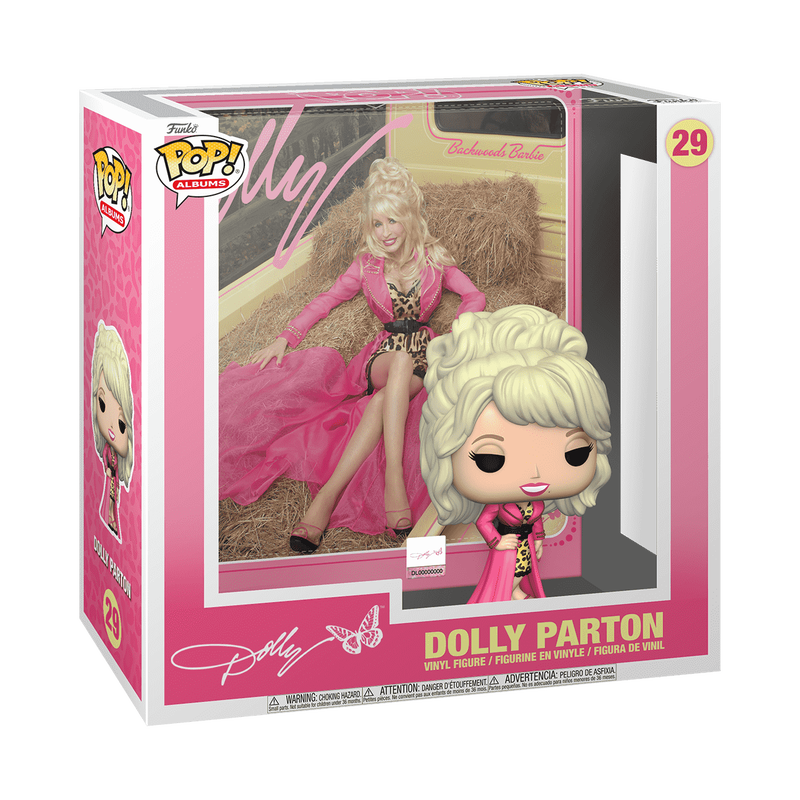 Funko Pop! vinyl figure packaging of Dolly Parton with a pink background