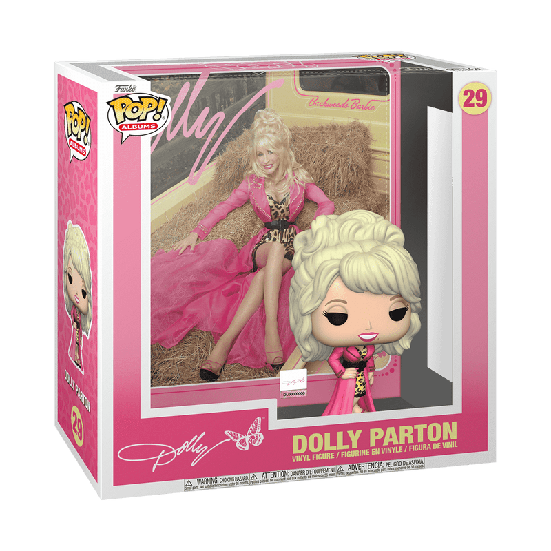 Funko Pop! vinyl figure packaging of Dolly Parton with a pink background