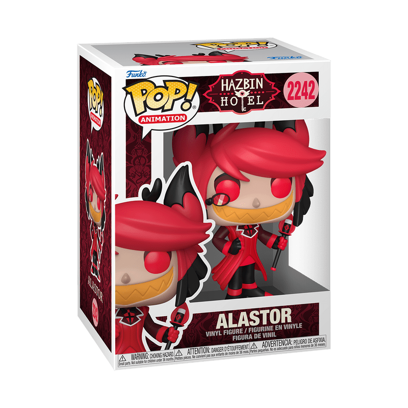 Funko Pop! vinyl figure packaging for Alastor from Hazbin Hotel on a white background