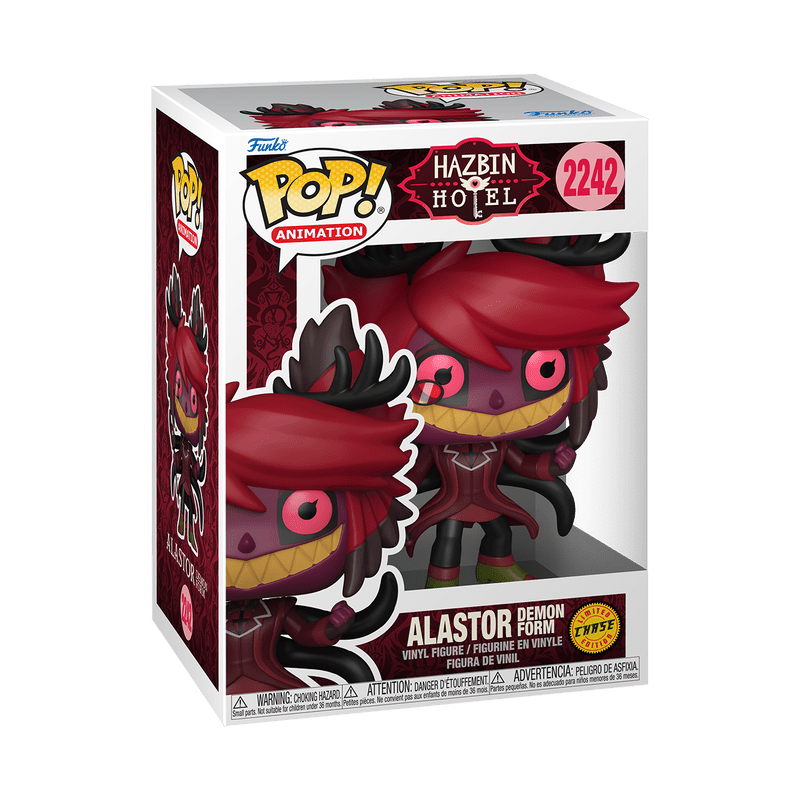Funko Pop! vinyl figure packaging of Alastor from Hazbin Hotel with red hair and pink eyes.