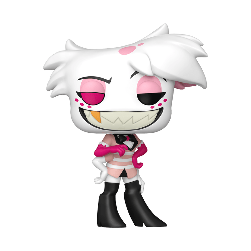 Animated character with white hair, pink eyes, and black boots on a white background