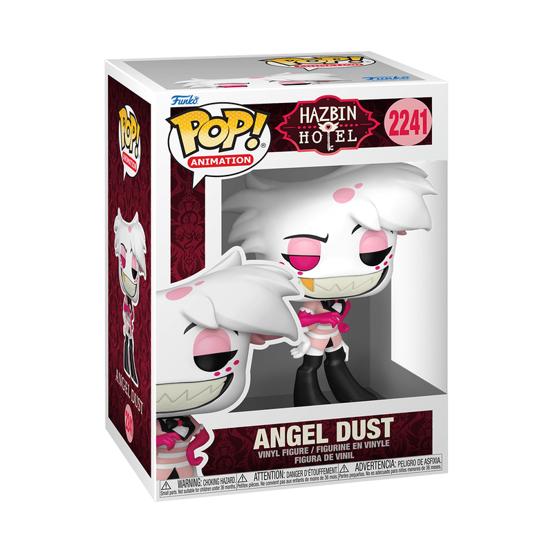 Funko Pop! vinyl figure packaging for 'Angel Dust' from Hazbin Hotel on a white background