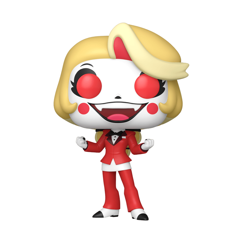 Animated character figurine with blonde hair, red polka dot eyes, and a red outfit on a white background