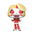 Animated character figurine with blonde hair, red polka dot eyes, and a red outfit on a white background