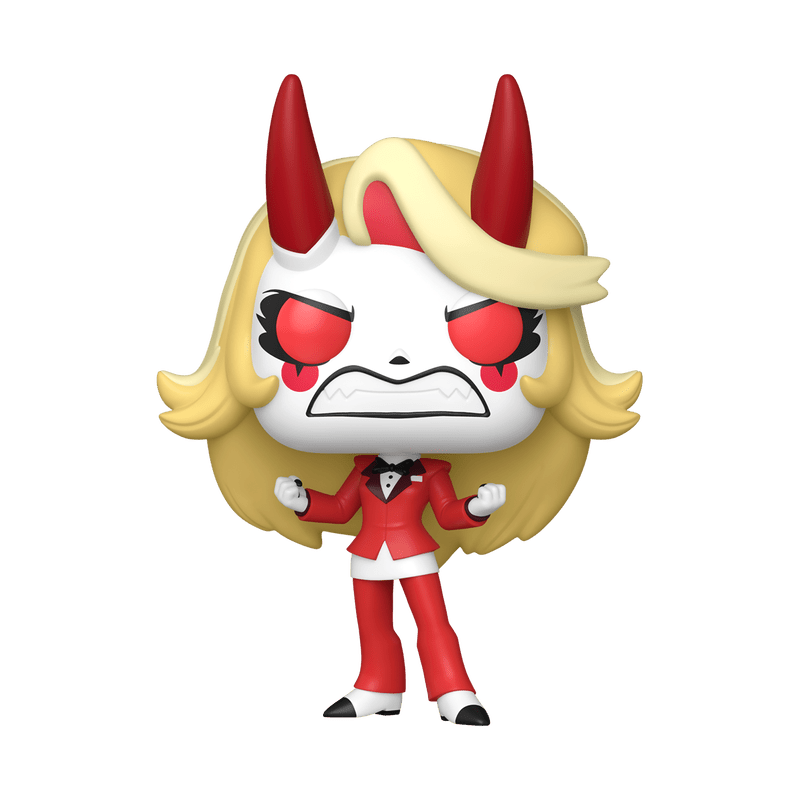 Animated character with red horns, blonde hair, and a red outfit on a white background